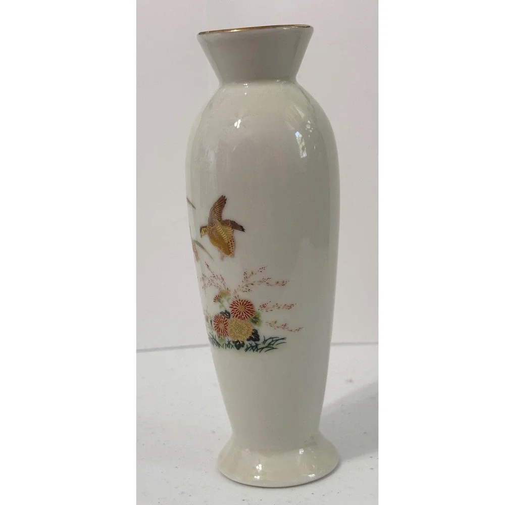 Vintage Otagiri Japan Porcelain Bud Vase‎ Quail Bird Chrysanthemum Gold Trim